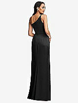 Rear View Thumbnail - Black One-Shoulder Draped Skirt Satin Trumpet Gown