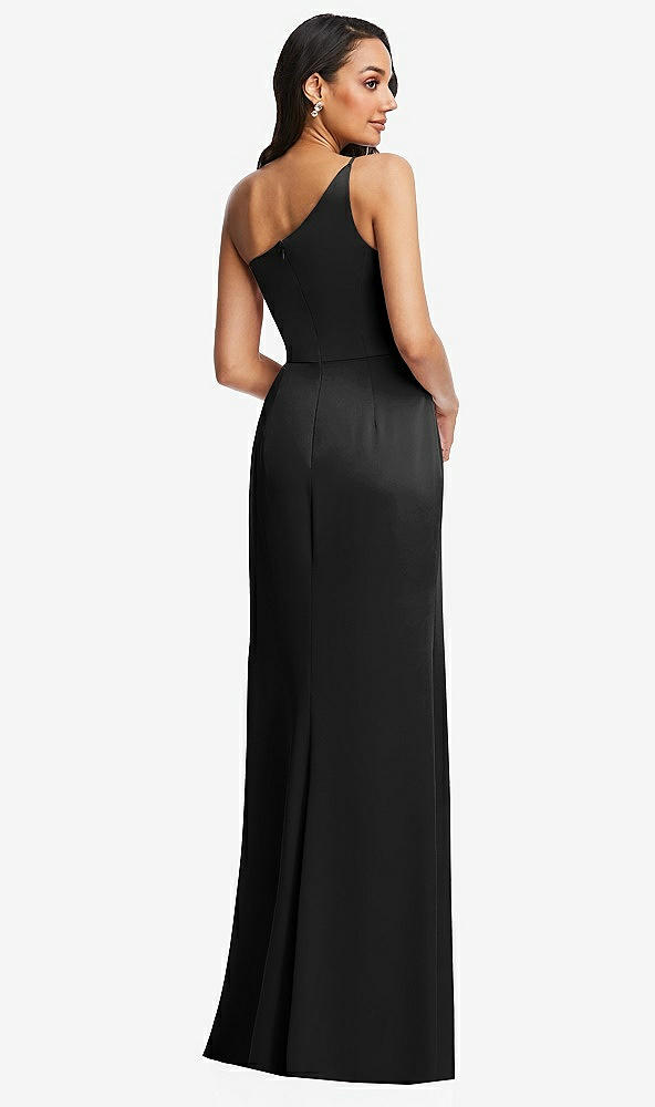Back View - Black One-Shoulder Draped Skirt Satin Trumpet Gown