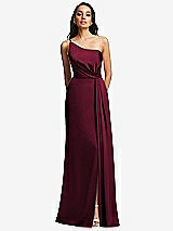 Front View Thumbnail - Cabernet One-Shoulder Draped Skirt Satin Trumpet Gown