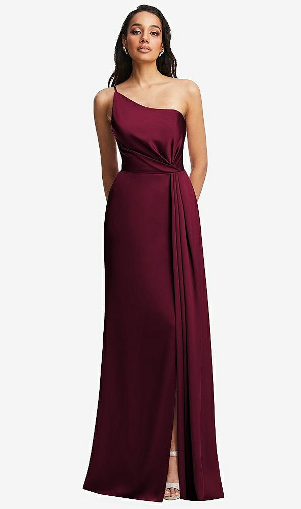 Front View - Cabernet One-Shoulder Draped Skirt Satin Trumpet Gown