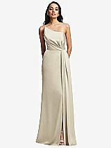 Front View Thumbnail - Champagne One-Shoulder Draped Skirt Satin Trumpet Gown