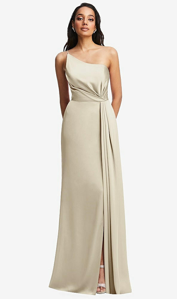 Front View - Champagne One-Shoulder Draped Skirt Satin Trumpet Gown
