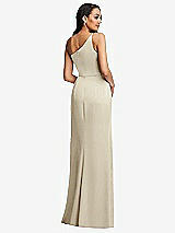 Rear View Thumbnail - Champagne One-Shoulder Draped Skirt Satin Trumpet Gown