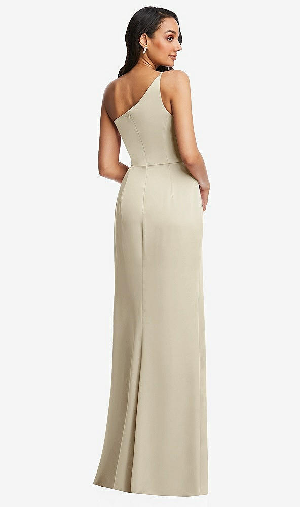 Back View - Champagne One-Shoulder Draped Skirt Satin Trumpet Gown