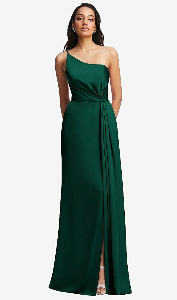 Front View - Hunter Green One-Shoulder Draped Skirt Satin Trumpet Gown