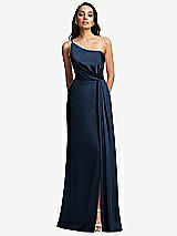 Front View Thumbnail - Midnight Navy One-Shoulder Draped Skirt Satin Trumpet Gown