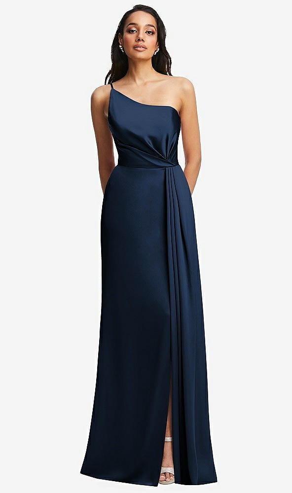 Front View - Midnight Navy One-Shoulder Draped Skirt Satin Trumpet Gown