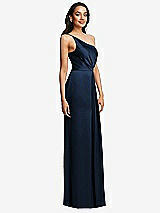 Side View Thumbnail - Midnight Navy One-Shoulder Draped Skirt Satin Trumpet Gown