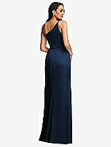 Rear View Thumbnail - Midnight Navy One-Shoulder Draped Skirt Satin Trumpet Gown