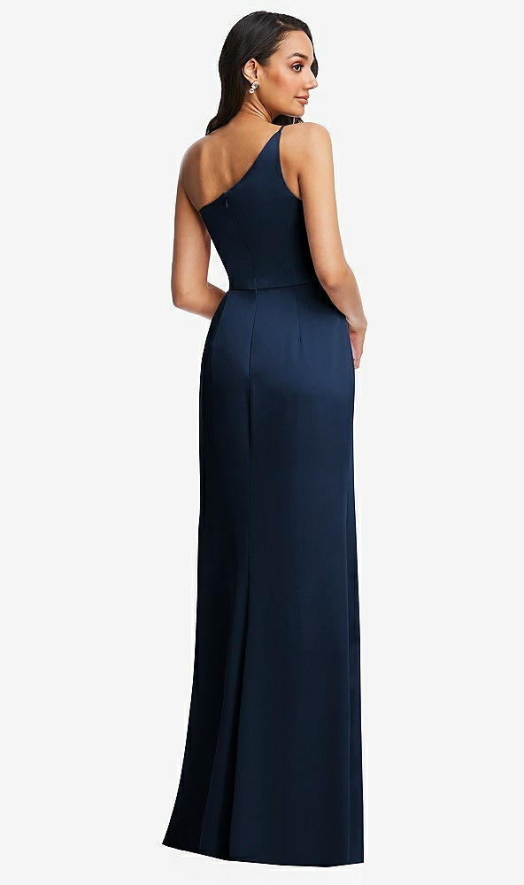 Back View - Midnight Navy One-Shoulder Draped Skirt Satin Trumpet Gown