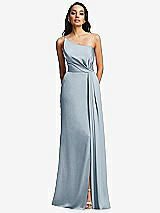 Front View Thumbnail - Mist One-Shoulder Draped Skirt Satin Trumpet Gown