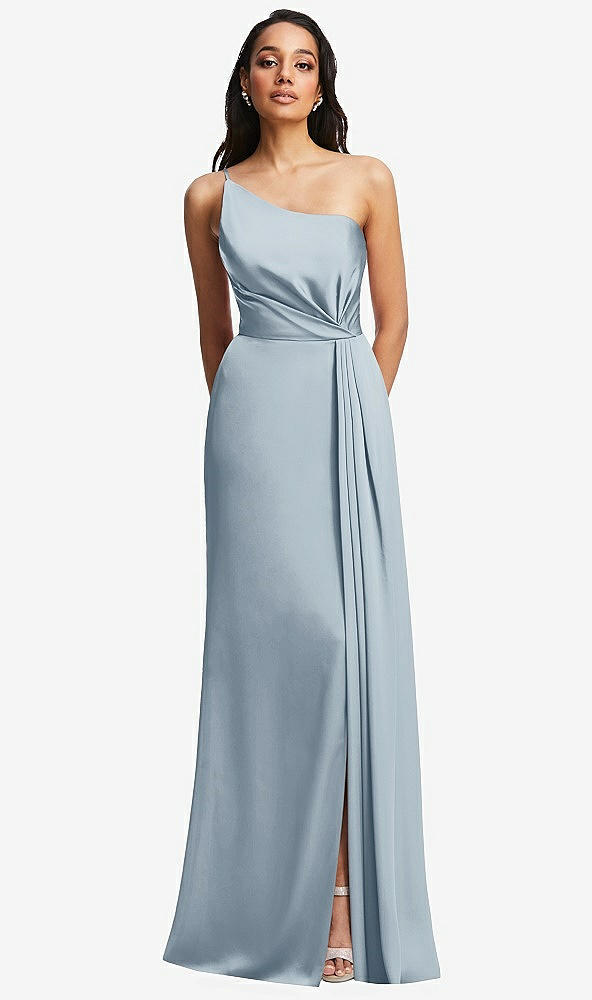 Front View - Mist One-Shoulder Draped Skirt Satin Trumpet Gown