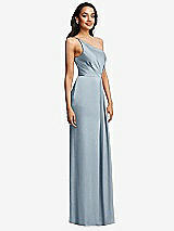 Side View Thumbnail - Mist One-Shoulder Draped Skirt Satin Trumpet Gown