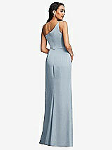 Rear View Thumbnail - Mist One-Shoulder Draped Skirt Satin Trumpet Gown