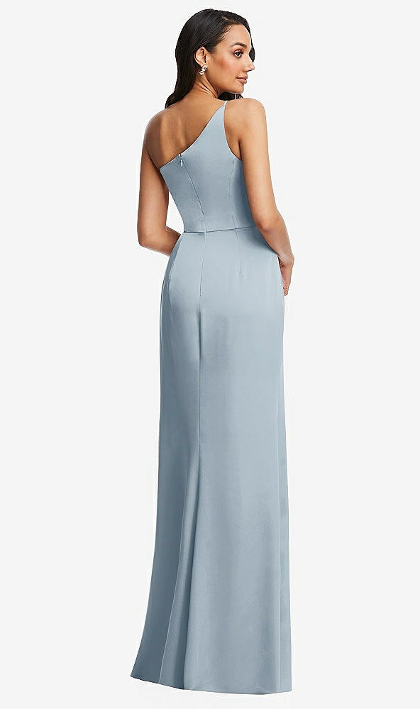Back View - Mist One-Shoulder Draped Skirt Satin Trumpet Gown