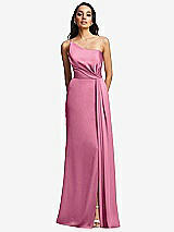 Front View Thumbnail - Orchid Pink One-Shoulder Draped Skirt Satin Trumpet Gown