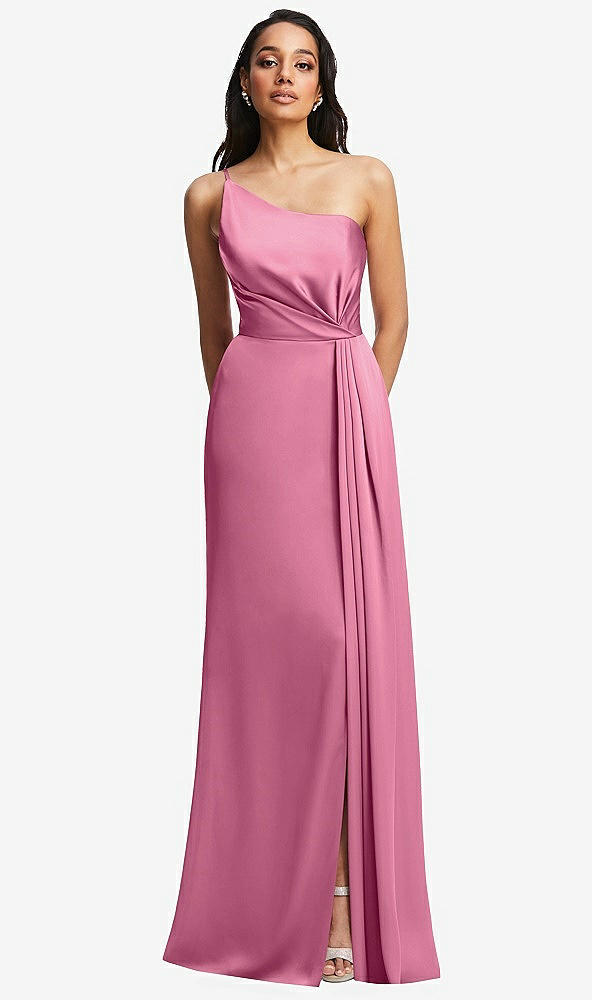 Front View - Orchid Pink One-Shoulder Draped Skirt Satin Trumpet Gown
