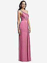 Side View Thumbnail - Orchid Pink One-Shoulder Draped Skirt Satin Trumpet Gown