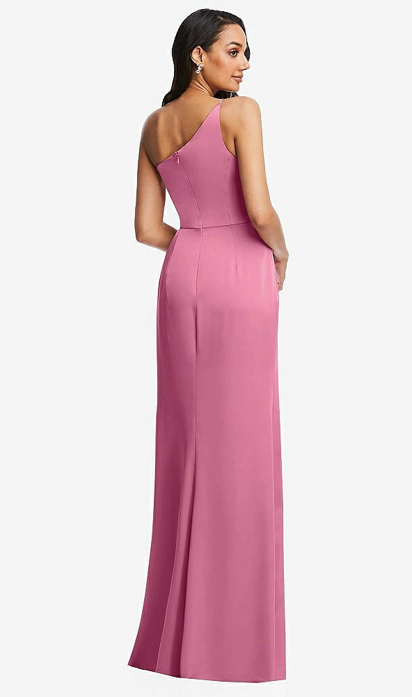 Back View - Orchid Pink One-Shoulder Draped Skirt Satin Trumpet Gown