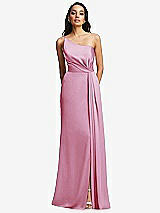 Front View Thumbnail - Powder Pink One-Shoulder Draped Skirt Satin Trumpet Gown