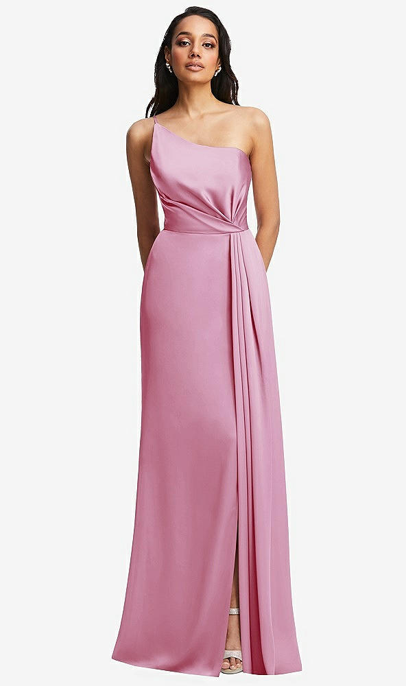 Front View - Powder Pink One-Shoulder Draped Skirt Satin Trumpet Gown