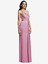 Side View Thumbnail - Powder Pink One-Shoulder Draped Skirt Satin Trumpet Gown