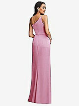 Rear View Thumbnail - Powder Pink One-Shoulder Draped Skirt Satin Trumpet Gown