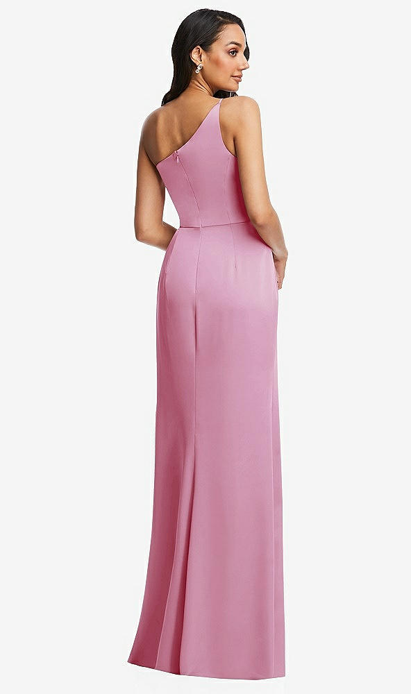 Back View - Powder Pink One-Shoulder Draped Skirt Satin Trumpet Gown