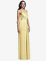 Side View Thumbnail - Pale Yellow One-Shoulder Draped Skirt Satin Trumpet Gown