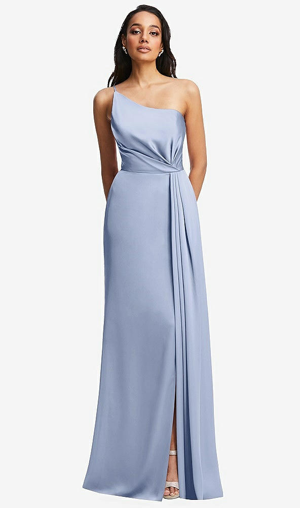 Front View - Sky Blue One-Shoulder Draped Skirt Satin Trumpet Gown