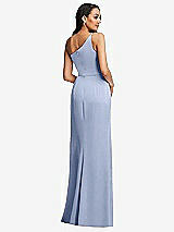 Rear View Thumbnail - Sky Blue One-Shoulder Draped Skirt Satin Trumpet Gown