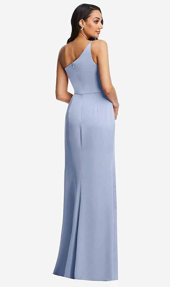 Back View - Sky Blue One-Shoulder Draped Skirt Satin Trumpet Gown