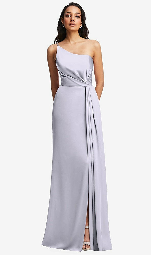 Front View - Silver Dove One-Shoulder Draped Skirt Satin Trumpet Gown