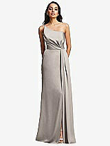 Front View Thumbnail - Taupe One-Shoulder Draped Skirt Satin Trumpet Gown