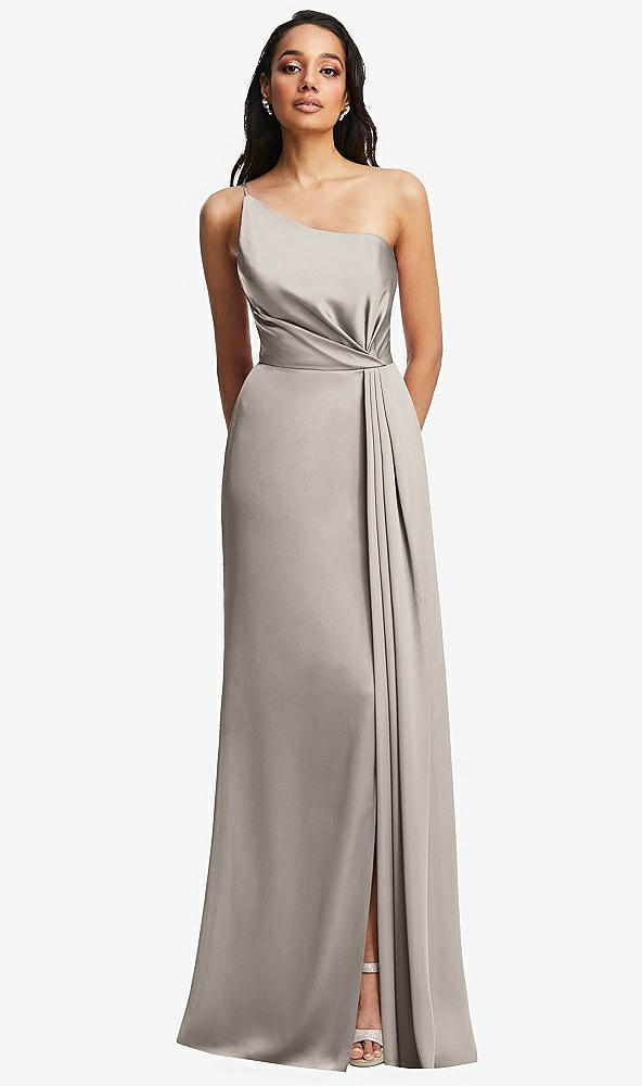 Front View - Taupe One-Shoulder Draped Skirt Satin Trumpet Gown