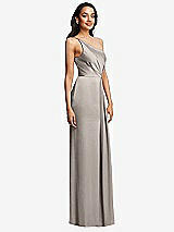 Side View Thumbnail - Taupe One-Shoulder Draped Skirt Satin Trumpet Gown