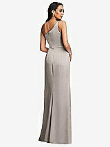 Rear View Thumbnail - Taupe One-Shoulder Draped Skirt Satin Trumpet Gown