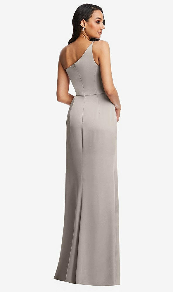 Back View - Taupe One-Shoulder Draped Skirt Satin Trumpet Gown