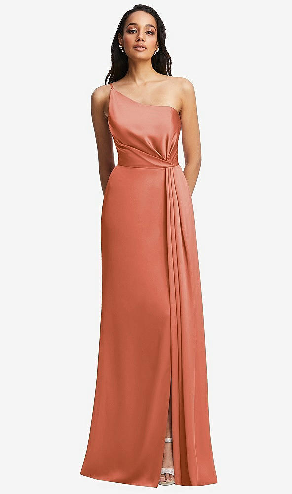 Front View - Terracotta Copper One-Shoulder Draped Skirt Satin Trumpet Gown