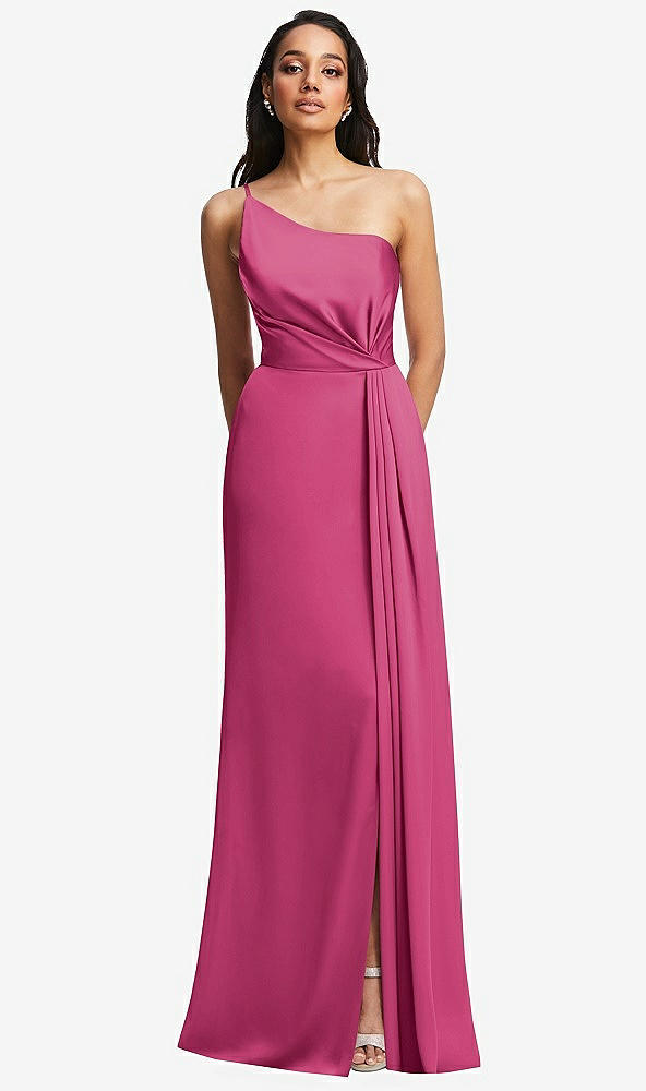 Front View - Tea Rose One-Shoulder Draped Skirt Satin Trumpet Gown