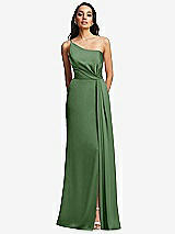 Front View Thumbnail - Vineyard Green One-Shoulder Draped Skirt Satin Trumpet Gown