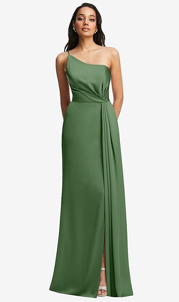 Front View - Vineyard Green One-Shoulder Draped Skirt Satin Trumpet Gown