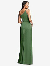 Rear View Thumbnail - Vineyard Green One-Shoulder Draped Skirt Satin Trumpet Gown