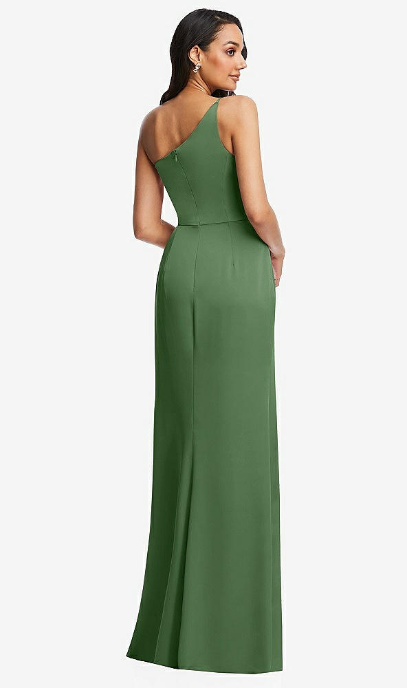 Back View - Vineyard Green One-Shoulder Draped Skirt Satin Trumpet Gown
