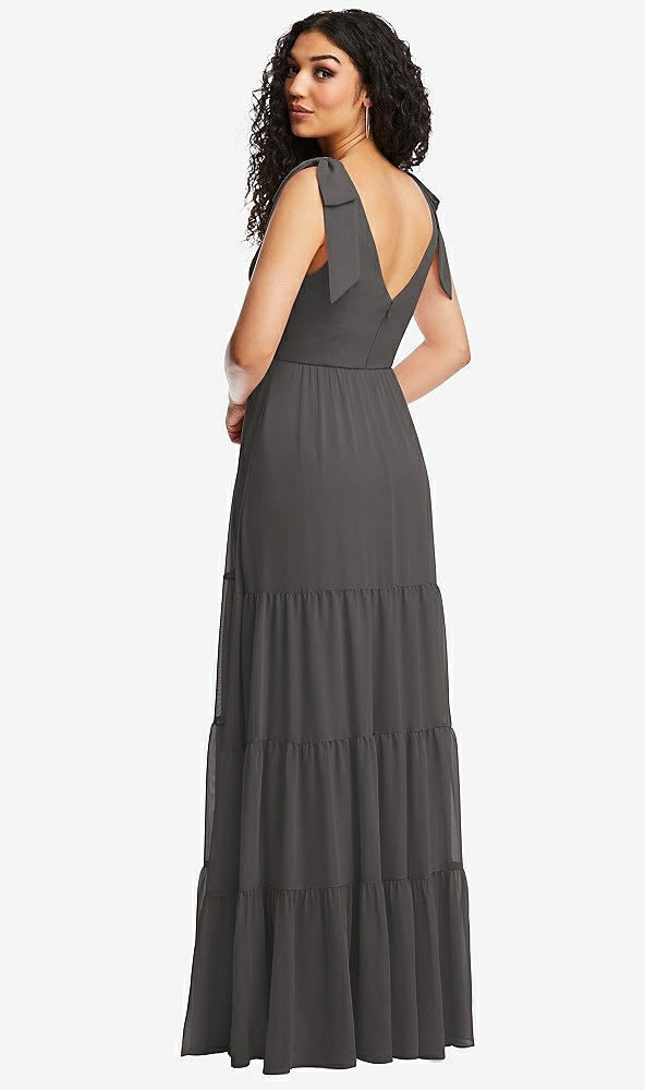 Back View - Caviar Gray Bow-Shoulder Faux Wrap Maxi Dress with Tiered Skirt