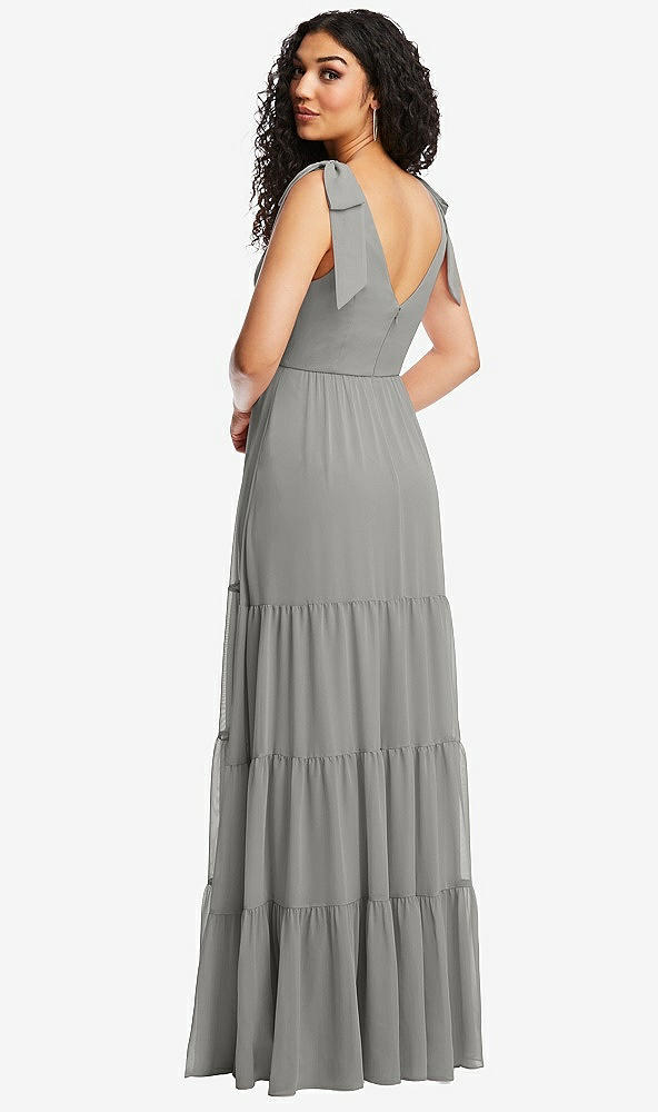 Back View - Chelsea Gray Bow-Shoulder Faux Wrap Maxi Dress with Tiered Skirt