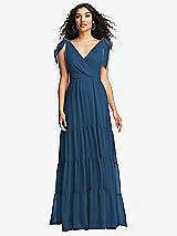 Front View Thumbnail - Dusk Blue Bow-Shoulder Faux Wrap Maxi Dress with Tiered Skirt
