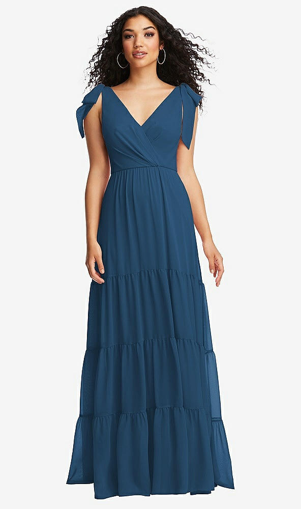 Front View - Dusk Blue Bow-Shoulder Faux Wrap Maxi Dress with Tiered Skirt