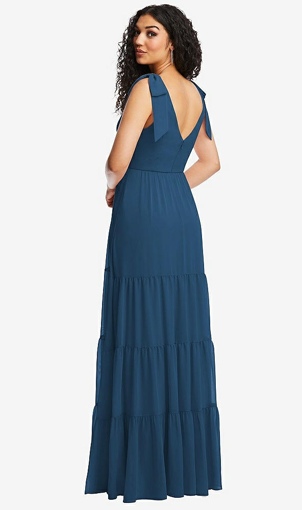 Back View - Dusk Blue Bow-Shoulder Faux Wrap Maxi Dress with Tiered Skirt