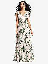 Front View Thumbnail - Palm Beach Print Bow-Shoulder Faux Wrap Maxi Dress with Tiered Skirt